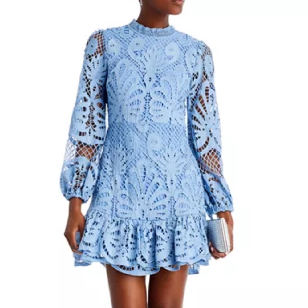 AQUA Long Sleeve Lace Blue Mini Dress - Fit & Flair Exclusive Size M